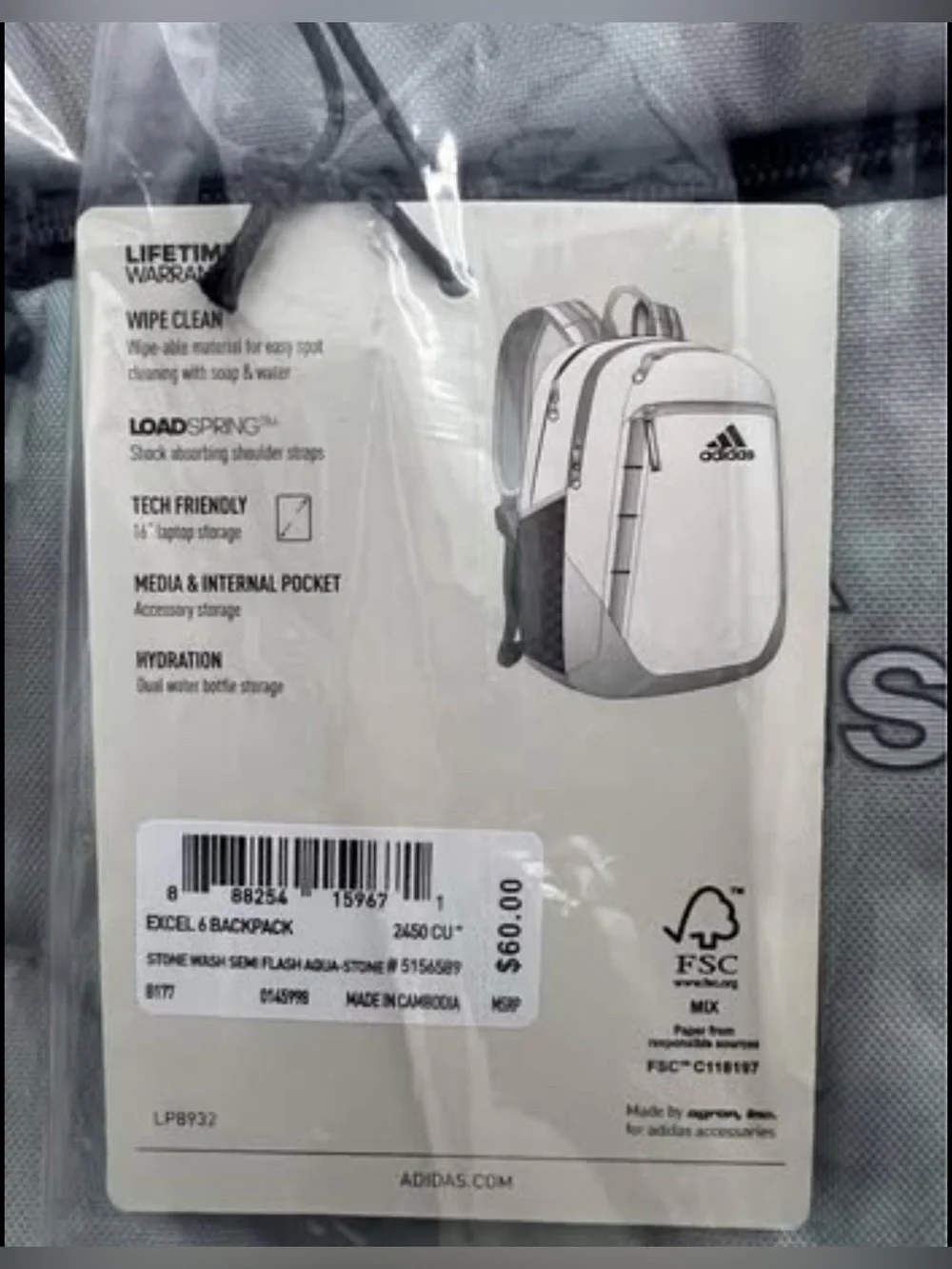 ADIDAS Excel 6 Backpack- Brand New Color Aqua Stone Wash
